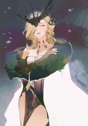 1girl bare_shoulders black_mask blonde_hair blue_eyes butterfly_mask coat dress earrings elbow_gloves fur_trim genshin_impact gloves half_mask highres jewelry lace-trimmed_eyepatch long_hair looking_at_viewer mask mask_over_one_eye one_eye_covered signora_(genshin_impact) smile solo strapless strapless_dress weiliarto white_coat