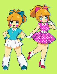 2girls absurdres alternate_costume aqua_eyes belt blonde_hair blue_bow blue_footwear blue_shirt blush blush_stickers bow breasts collared_shirt colored_skin dress dual_persona eyeshadow five_nights_at_freddy&#039;s five_nights_at_freddy&#039;s_2 gloves green_background hair_bow hands_on_own_hips high_heels highres humanization leg_up leg_warmers long_hair makeup minami_(mnm-kyk) multiple_girls open_mouth pink_bow pink_dress pleated_skirt ponytail purple_eyeshadow red_footwear shirt shoes skirt sneakers toy_chica white_gloves white_leg_warmers white_skirt wristband yellow_skin