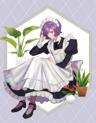 1boy alternate_costume apron artist_name back_bow black_dress black_ribbon black_shoes bow brown_pantyhose closed_mouth collared_dress commentary_request crossdressing dress enmaided frilled_apron frilled_dress frills full_body garma_zabi gundam hand_up highres juliet_sleeves long_sleeves looking_at_viewer maid maid_apron maid_headdress male_focus male_maid mary_janes mobile_suit_gundam neck_ribbon pantyhose plant potted_plant puffy_sleeves purple_background purple_eyes purple_hair ribbon shoes short_hair si_on_kk signature simple_background solo sweat twirling_hair white_apron white_background white_bow wing_collar