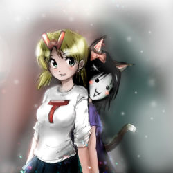 2girls 4chan :&gt; animal_ears black_hair blonde_hair blush_stickers bow cat_ears cat_tail green_eyes hair_bow hair_ribbon moot multiple_girls ribbon sleeves_pushed_up smile snowing solid_circle_eyes tail wt_snacks