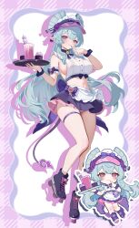 1girl absurdres alternate_costume apron armpit_crease breasts chibi chibi_inset commentary_request crop_top drop_shadow finger_to_mouth genshin_impact grey_hair highres holding holding_tray large_breasts long_hair looking_at_viewer midriff miniskirt navel nihongami pointy_ears purple_shoes purple_skirt purple_tail roller_skates rrr_gns_(riuriu_1212) shirt shoes sideboob skates skirt stomach tail tapir_tail thigh_strap tray visor_cap waist_apron white_shirt wrist_cuffs yumemizuki_mizuki