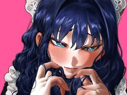 1girl apron black_hair blue_eyes closed_mouth hat highres hololive hololive_english long_hair looking_at_viewer mob_cap official_alternate_costume official_alternate_hairstyle ouro_kronii ouro_kronii_(maid) pink_background schwannitysan simple_background solo sweatdrop virtual_youtuber white_apron