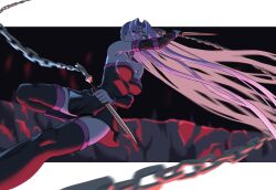 1girl bare_shoulders breaker_gorgon breasts chain cleavage dress facial_mark fate/stay_night fate_(series) forehead_mark heaven&#039;s_feel highres large_breasts long_hair looking_at_viewer medusa_(fate) medusa_(rider)_(fate) purple_eyes purple_hair shiro_464646 solo square_pupils strapless strapless_dress thighhighs very_long_hair