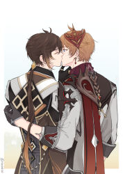 2boys blush closed_eyes genshin_impact grabbing_another&#039;s_chin hand_on_another&#039;s_back hand_on_another&#039;s_chin kiss multiple_boys rinrink20 tartaglia_(genshin_impact) twitter yaoi zhongli_(genshin_impact)