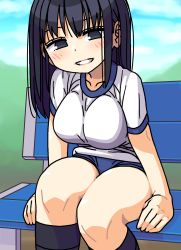 1girl bench black_eyes black_hair black_socks breasts buruma commentary day grin gym_uniform highres kneehighs large_breasts long_hair looking_at_viewer maruput original outdoors sitting smile socks solo thighs