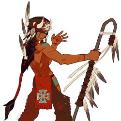 1boy bodypaint brown_hair brown_pants chaps cowboy_shot dark-skinned_male dark_skin edarow facing_to_the_side fake_horns holding holding_staff horned_headwear horns long_hair male_focus native_american original pants simple_background solo staff standing very_long_hair white_background