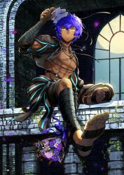1boy abs arm_between_legs bandaged_foot bandaged_hand bandaged_leg bandages black_jacket black_shorts bouquet clothing_cutout cropped_jacket cross-laced_jacket dark-skinned_male dark_skin earrings fate/grand_order fate_(series) flower full_body full_moon game_cg hand_up hassan_of_the_shining_star_(fate) holding holding_bouquet holding_mask jacket jewelry looking_to_the_side male_focus mask mole mole_on_cheek moon multiple_necklaces necklace no_shirt official_art parted_lips pectorals purple_hair ring scar scar_on_neck short_hair short_sleeves shorts sitting skull_mask solo task_owner third-party_source toes toned toned_male very_dark_skin white_mask wind yellow_eyes