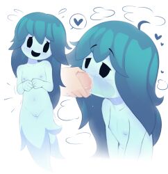 1boy 1girl ahoge blue_hair breasts cleft_of_venus collarbone cum cum_in_throat dress ghost heart hetero highres loli long_hair multiple_views nipples nude penis pussy shino_(shinokani) simple_background small_breasts smile spoken_heart spooky&#039;s_house_of_jump_scares spooky_(shojs) uncensored white_background x-ray