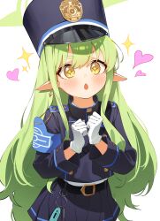 1girl :o absurdres belt black_belt black_hat black_jacket black_skirt blue_archive blush commentary earrings fluffy_hair gloves green_hair green_halo halo hat heart highres hikari_(blue_archive) jacket jewelry long_hair long_sleeves looking_at_viewer open_mouth own_hands_together pointy_ears ramube sidelocks simple_background single_earring skirt solo sparkle sparkling_eyes train_conductor very_long_hair white_background white_gloves yellow_eyes