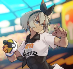 10mo 1girl abs bea_(pokemon) creatures_(company) dark-skinned_female dark_skin game_freak gloves grey_eyes grey_hair hairband highres holding holding_poke_ball nintendo poke_ball pokemon pokemon_swsh single_glove solo ultra_ball
