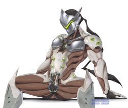 1boy armor bara cum ejaculation electric erection genji_(overwatch) male_focus mask orgasm overwatch overwatch_1 penis sitting solo sweat testicles