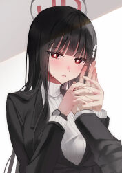 1boy 1girl absurdres black_hair black_jacket blue_archive blunt_bangs blush breasts emduck halo hand_blush highres holding_hands jacket large_breasts long_hair looking_at_viewer open_clothes open_jacket pov pov_hands red_eyes ribbed_sweater rio_(blue_archive) sweatdrop sweater teardrop turtleneck turtleneck_sweater upper_body very_long_hair watch white_sweater wristwatch