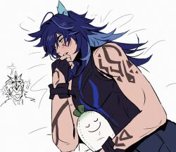 2boys animal_ear_fluff animal_ears aqua_eyes arm_tattoo bat_ears black_gloves black_tank_top blue_hair blush capitano_(genshin_impact) couple dark-skinned_male dark_skin fingerless_gloves genshin_impact glove_cutout gloves grey_pants hair_between_eyes hand_on_own_chin hand_tattoo hand_up head_only heterochromia highres long_hair lying mayonnaise_mon messy_hair multicolored_hair multiple_boys muscular muscular_male on_bed on_side ororon_(genshin_impact) pants parted_lips radish shoulder_tattoo simple_background sleeveless streaked_hair stuffed_toy tank_top tattoo white_background yaoi