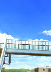 alu.m_(alpcmas) blue_sky bridge building cloud cloudy_sky commentary_request highres no_humans original outdoors pedestrian_bridge railing scenery signature sky stairs