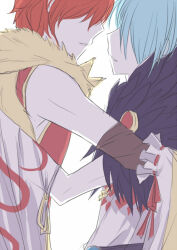 animal animal_around_neck blue_hair commentary_request detached_sleeves fox fur_collar looking_at_another male_focus professor_(ragnarok_online) ragnarok_online red_hair red_shirt shirt short_hair simple_background sleeveless sleeveless_shirt sorcerer_(ragnarok_online) upper_body white_background white_shirt white_sleeves yaoi yoru_nagatsuki