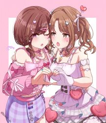 2girls :o ;o absurdres arm_around_shoulder armlet border breasts brown_hair cleavage commentary_request dress fingerless_gloves fingernails fur_gloves gloves hair_ornament heads_together heart heart_hair_ornament heart_hands heart_hands_duo highres higuchi_madoka hyu-kya ichikawa_hinana idolmaster idolmaster_shiny_colors jewelry jitome looking_at_another looking_at_viewer medium_breasts multiple_girls nail_polish one_eye_closed pink_border pink_dress pink_shirt purple_skirt ring shirt skirt sleeveless sleeveless_dress twintails twitter_username