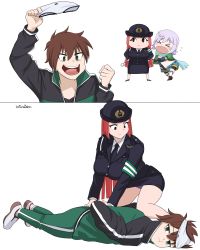 Rule 34 | 1boy, 2girls, :t, absurdres, aki-chan (dismaiden), all fours, armband, arrest, artist name, belt, black footwear, black jacket, black skirt, blunt ends, blush, bow, bow panties, breast pocket, brown hair, chibi, chris (konosuba), clothes theft, collared shirt, commentary, dismaiden, dress shirt, english commentary, flying teardrops, green eyes, hair between eyes, hat, high heels, highres, holding, holding panties, holding underwear, holding unworn clothes, jacket, kono subarashii sekai ni shukufuku wo!, long hair, looking at another, lying, multiple girls, necktie, nose blush, object on head, on stomach, open mouth, panties, panties on head, pocket, police, police hat, police uniform, policewoman, pout, purple panties, red hair, satou kazuma, shirt, shorts, skirt, teeth, theft, thighhighs, thighs, underwear, underwear on head, underwear theft, upper teeth only, v-shaped eyebrows, very long hair, white footwear, white panties, white shirt