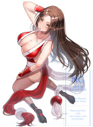 1girl aosa_(jmzg2528) arm_guards ass bare_shoulders blush breasts brown_eyes brown_hair cleavage fatal_fury female_focus hair_down high_ponytail highres japanese_clothes large_breasts long_hair looking_at_viewer mouth_hold ninja no_bra pelvic_curtain ponytail revealing_clothes shiranui_mai simple_background smile solo street_fighter street_fighter_6 the_king_of_fighters thighs wrist_guards