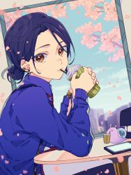 1girl blue_shirt brown_eyes cherry_blossoms closed_mouth commentary_request cup day disposable_cup highres holding long_sleeves looking_at_viewer notamaru_2 original petals purple_hair shirt short_hair snail solo upper_body watermark
