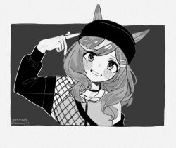 1girl alternate_costume animal_ears commentary_request dated grin hair_ornament hairclip hashtag-only_commentary hat horse_ears horse_girl looking_at_viewer matikane_tannhauser_(umamusume) medium_hair monochrome saramiao-chan simple_background smile solo twitter_username umamusume