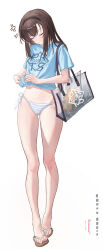 1girl absurdres alternate_costume anger_vein annoyed arknights bag bikini black_hairband blue_bikini blue_shirt blush brown_hair brown_sandals chinese_commentary closed_eyes closed_mouth clothes_writing commentary_request feet frown full_body gn_tuituji hairband highres medium_hair navel pout priestess_(arknights) prts_logo_(arknights) sandals shirt short_sleeves side-tie_bikini_bottom simple_background solo standing striped_bikini striped_clothes swimsuit t-shirt toenails toes transparent_bag white_background white_bikini