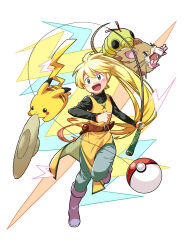 Rule 34 | 1girl, :d, black shirt, blonde hair, caterpie, fishing line, fishing rod, full body, gen 1 pokemon, hat, highres, holding, holding fishing rod, holding unworn clothes, holding unworn hat, long hair, long sleeves, looking at viewer, nintendo, open mouth, pants, pika (pokemon), pikachu, poke ball, poke ball (basic), pokemon, pokemon (creature), pokemon adventures, raticate, rubille (wmpt2737), shirt, smile, sun hat, teeth, tunic, unworn hat, unworn headwear, upper teeth only, very long hair, yellow (pokemon), yellow tunic