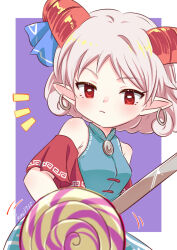 1girl bare_shoulders blue_bow blue_dress border bow candy chinese_clothes detached_sleeves dress earrings facing_viewer food goat_horns hoop_earrings horns jewelry kimi3735 lollipop medium_hair notice_lines pointy_ears red_eyes red_horns simple_background sleeveless sleeveless_dress solo swirl_lollipop touhou toutetsu_yuuma upper_body white_border