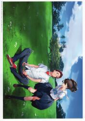 1boy 1girl 5pb. blue_bow blue_pants blue_skirt blue_socks bow breast_pocket brown_hair brown_shoes building check_hairstyle chest_bow cloud cloudy_sky collarbone collared_shirt couple daisy day exif_rotation field flower frown fukuda_tomonori grass high_braided_ponytail high_ponytail highres holding holding_tablet_pc kneehighs knees loafers long_hair looking_at_another looking_down miniskirt non-web_source official_art open_collar open_mouth outdoors palm_tree pants pleated_skirt pocket ponytail ponytail_with_braided_base radio_tower radome red_sash red_shirt robotics;notes sash school_uniform senomiya_akiho serafuku shirt shoes short_sleeves sitting skirt sky smile sneakers socks standing tablet_pc thighs tree watch white_flower white_shirt yashio_kaito