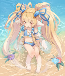 1girl animal_ears beach bikini blonde_hair blush commentary_request flat_chest full_body granblue_fantasy harvin highres long_hair mahira_(granblue_fantasy) mote_max navel pink_eyes sitting smile solo swimsuit very_long_hair water
