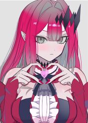 1girl andrewzeeka2001 baobhan_sith_(fate) baobhan_sith_(first_ascension)_(fate) bare_shoulders breasts detached_sleeves fate/grand_order fate_(series) grey_background grey_eyes hair_ornament heart heart_hands highres long_hair looking_at_viewer pink_hair pointy_ears revision sidelocks solo upper_body