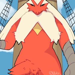 1boy arm_at_side artist_name bags_under_eyes beak bird_boy black_eyes blaziken blonde_hair blue_sky body_fur boke-chan closed_mouth cloud colored_sclera creatures_(company) day furry furry_male game_freak gen_3_pokemon half-closed_eyes hand_up long_hair looking_at_viewer male_focus mast meme nintendo outdoors pokemon pokemon_(creature) red_fur signature sky solo standing straight-on the_one_piece_is_real_(meme) twitter_username two-tone_fur upper_body yellow_fur yellow_sclera