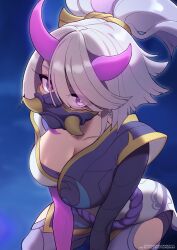 Rule 34 | 1girl, akali, breasts, collarbone, feet out of frame, grey hair, hair between eyes, highres, horned mask, horns, large breasts, league of legends, long sleeves, mask, mouth mask, multicolored hair, pink eyes, pink hair, pink horns, ponytail, solo, spirit blossom akali, strongbana, two-tone hair, watermark, web address, white hair