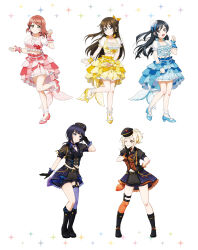 Rule 34 | 5girls, artbook, asaka karin, black gloves, black hair, black shorts, blonde hair, blue eyes, boots, bow, brown hair, earrings, frills, full body, gloves, green eyes, hair ornament, half updo, hat, high heels, highres, idol, idol clothes, jewelry, long hair, looking at viewer, love live!, love live! nijigasaki high school idol club, medium hair, midriff, miyashita ai, multiple girls, navel, necktie, non-web source, official art, one eye closed, open mouth, orange eyes, osaka shizuku, pink hair, ponytail, puffy short sleeves, puffy sleeves, purple hair, short hair, short sleeves, shorts, single thighhigh, skirt, smile, standing, standing on one leg, thighhighs, uehara ayumu, white background, wrist cuffs, yellow eyes, yuki setsuna