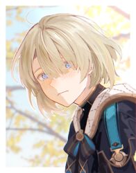 1boy absurdres black_jacket blonde_hair blue_eyes blurry blurry_background blush branch closed_mouth commentary freckles freminet_(genshin_impact) genshin_impact hair_between_eyes highres jacket leaf looking_at_viewer male_focus pers_thepenguin solo tears upper_body