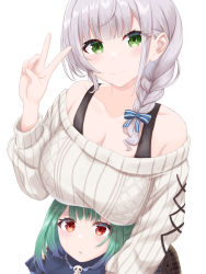2girls bare_shoulders bow bra_strap braid breast_rest breasts breasts_on_head cleavage closed_mouth collarbone eyes_visible_through_hair green_eyes green_hair grey_hair hair_bow hair_ribbon hand_up highres hololive large_breasts looking_at_viewer multiple_girls nikahoshikuzu off-shoulder_sweater off_shoulder open_mouth red_eyes ribbed_sweater ribbon shirogane_noel shirogane_noel_(casual) single_braid smile sweater uruha_rushia uruha_rushia_(1st_costume) v virtual_youtuber