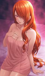 1girl bare_shoulders bed blush breasts closed_mouth commentary_request hair_over_one_eye highres kirijou_mitsuru large_breasts long_hair looking_at_viewer masatoshi_1219 naked_towel nervous persona persona_3 persona_3_reload red_eyes red_hair shiny_skin simple_background sitting solo thighs towel wet