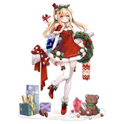 1girl antlers bell blonde_hair blue_eyes blush boots bow box breasts capelet christmas christmas_wreath cleavage closed_mouth dress earmuffs elbow_gloves fake_antlers full_body fur-trimmed_capelet fur-trimmed_dress fur_trim gift gift_box girls&#039;_frontline gloves green_bow hair_bow hat heart-shaped_box hecha_(01964237) high_heel_boots high_heels highres horns long_hair looking_at_viewer mini_hat mini_top_hat neck_bell official_alternate_costume official_art pinecone ppsh-41_(girls&#039;_frontline) ppsh-41_(wreath_of_purity)_(girls&#039;_frontline) red_boots red_bow red_capelet red_dress red_hat reindeer_antlers ribbed_thighhighs sacabambaspis santa_costume santa_dress scarf simple_background small_breasts smile solo standing standing_on_one_leg stuffed_animal stuffed_toy teddy_bear thighhighs third-party_source top_hat transparent_background twintails unworn_scarf weapon_wrap white_gloves white_scarf white_thighhighs wreath zettai_ryouiki