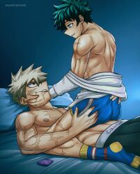 absurdres almirondraws back bakudeku bakugou_katsuki bare_back bare_legs bed bedroom blonde_hair boku_no_hero_academia bones_(company) condom condom_wrapper freckles green_eyes green_hair green_har highres legs lying messy_hair midoriya_izuku on_bed pillow red_eyes riding scar scar_on_arm scar_on_chest scar_on_leg shounen_jump socks spiked_hair underwear yaoi