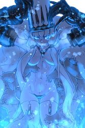 Rule 34 | 1girl, abyssal ship, arms up, blue theme, breasts, c-string, claws, extra hands, hair censor, hat, highres, kantai collection, large breasts, long hair, looking at viewer, monochrome, northern water princess, oso (toolate), parted lips, scar, scar on face, simple background, solo, strapless bottom, thighhighs, very long hair