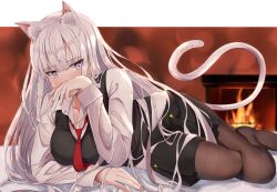 Rule 34 | 1girl, absurdres, animal ear fluff, animal ears, arm up, barefoot, black skirt, black vest, breasts, brown background, cat ears, cat girl, cat tail, cleavage, collarbone, collared shirt, commentary request, covering own mouth, elbow rest, enoha, eyebrows hidden by hair, feet, fingernails, fire, fireplace, hair between eyes, highres, large breasts, letterboxed, long fingernails, long hair, long sleeves, looking down, looking to the side, lying, necktie, outside border, pantyhose, personification, pink nails, red necktie, scp-040-jp, scp foundation, shadow, shirt, skirt, solo, tail, undone necktie, very long hair, vest, white hair, white shirt, white tail