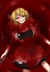 1girl apron black_skirt black_vest blonde_hair blood blood_on_clothes blood_on_face blood_on_hands bow braid commentary_request cookie_(touhou) feet_out_of_frame frilled_apron frills hair_bow highres holding holding_knife kirisame_marisa knife long_hair looking_at_viewer nanariku open_mouth pool_of_blood puffy_short_sleeves puffy_sleeves red_background red_bow red_eyes shaded_face shirt short_sleeves side_braid single_braid skirt skirt_set smile solo star_(symbol) suzu_(cookie) touhou unusually_open_eyes vest waist_apron white_apron white_shirt