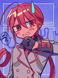 1boy ahoge alternate_costume black_shirt blue_background blush buttons double-breasted double-parted_bangs drill_hair fang genderswap genderswap_(ftm) gloves hair_between_eyes huge_ahoge jacket kasane_ted kasane_teto kasane_teto_(sv) long_hair necktie open_mouth ponytail red_eyes red_hair red_necktie red_trim shirt signature sleeve_cuffs speech_bubble striped_clothes striped_jacket suit_jacket sweatdrop synthesizer_v tongue translation_request twin_drills utau yuusuke-kun