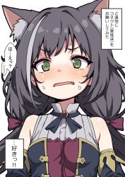 1girl animal_ear_fluff animal_ears bare_shoulders black_hair blush breasts cat_ears cat_girl commentary_request detached_sleeves fang green_eyes grey_hair highres karyl_(princess_connect!) long_hair looking_at_viewer multicolored_hair open_mouth princess_connect! simple_background small_breasts solo speech_bubble streaked_hair translation_request upper_body white_background yuuji_overall
