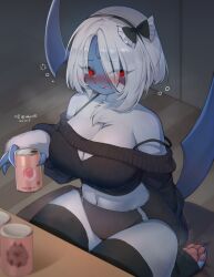 1girl absol alcohol animal_feet animal_hands animal_nose artist_name bare_shoulders black_bow black_hairband black_thighhighs blue_gemstone blue_horns blue_skin blurry blurry_foreground blush bob_cut body_fur bow breasts breath brown_buruma buruma can claws cleavage cleavage_cutout closed_mouth clothing_cutout colored_skin creatures_(company) cropped_sweater cushion drink drunk eyes_visible_through_hair feet female_focus forehead_jewel frilled_bow frills furry furry_female game_freak gem gen_3_pokemon groin hair_bow hairband holding holding_can holding_drink horns indoors kneeling large_breasts long_sleeves looking_at_viewer mature_female mbct01 midriff navel nintendo nose_blush pawpads personification pokemon pokemon_(creature) raised_eyebrows red_eyes seiza short_hair sidelocks signature single_horn sitting solo spaghetti_strap steam steaming_body stomach strap_slip sweat tail thick_thighs thighhighs thighs toeless_legwear toes tongue tongue_out twitter_username white_fur white_hair wide_hips wooden_floor