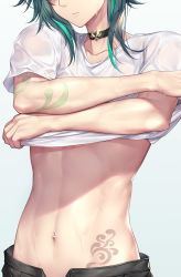 1boy abs clothes_lift commentary genshin_impact highres male_focus nasaniliu shirt_lift solo tattoo torso white_background xiao_(genshin_impact)