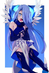 1girl detached_sleeves dress echo_(circa) fate/grand_order fate_(series) full_body glowing hair_over_one_eye head_wings high-low_dress long_hair off_shoulder open_mouth own_hands_clasped own_hands_together smile two-tone_dress typhon_ephemeros_(fate) typhon_epsilon_(fate) very_long_hair wings