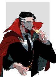 1boy alcohol black_hair black_jacket black_necktie blue_eyes border cloak closed_mouth collared_shirt commentary_request cup doctor_strange drinking_glass facial_hair fingernails grey_background hand_up highres holding holding_cup jacket karmaho korean_commentary long_sleeves looking_at_viewer magic male_focus marvel marvel_cinematic_universe multicolored_hair necktie outside_border red_cloak shirt short_hair simple_background solo streaked_hair suit_jacket upper_body white_border white_hair white_shirt wine