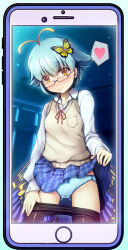Rule 34 | 1girl, antennae, aqua hair, bespectacled, black pantyhose, blue panties, blue skirt, butterfly hair ornament, butterfly wings, chima q, clothes pull, collared shirt, eternity larva, fairy, glasses, hair ornament, heart, highres, insect wings, long sleeves, panties, pantyhose, pantyhose pull, plaid clothes, plaid skirt, pleated skirt, shirt, short hair, skirt, solo, spoken heart, touhou, underwear, vest, white shirt, wings, yellow eyes, yellow vest