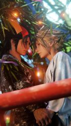 2boys 3d absurdres bamboo bamboo_forest black_hair blonde_hair cloud_strife final_fantasy final_fantasy_vii final_fantasy_vii_remake forest highres holding_hands japanese_clothes kimono looking_at_another male_focus multiple_boys nature short_hair sideburns silverelitist spiked_hair square_enix tanabata upper_body yaoi zack_fair