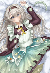 1girl absurdres alternate_costume apron black_bridal_gauntlets black_hairband blush bow breasts bridal_gauntlets character_name closed_mouth dress firefly_(honkai:_star_rail) frilled_apron frills green_dress grey_hair hair_between_eyes hair_intakes hairband highres honkai:_star_rail honkai_(series) long_hair long_sleeves lying maid maid_apron maid_headdress medium_breasts morocha1130 necktie on_back orange_necktie solo white_apron white_bow
